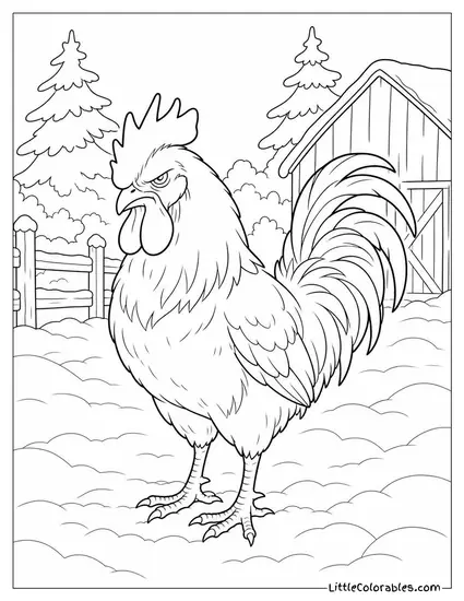 Rooster Standing in Fresh Snow Looking Deeply and Profoundly Unhappy Coloring Page