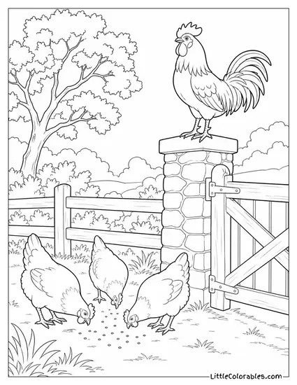 Rooster Standing Sentry on a Gatepost While Hens Peck Below Coloring Page