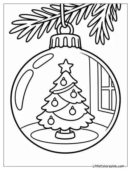 Round Ornament Reflecting a Decorated Christmas Tree Coloring Page