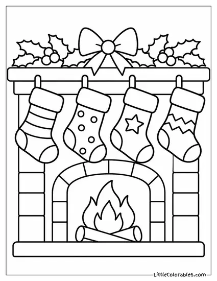 Row of Four Christmas Stockings on a Mantle Coloring Page
