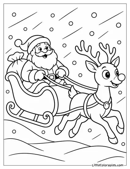 Rudolph Leading the Sleigh Through a Snowstorm Coloring Page