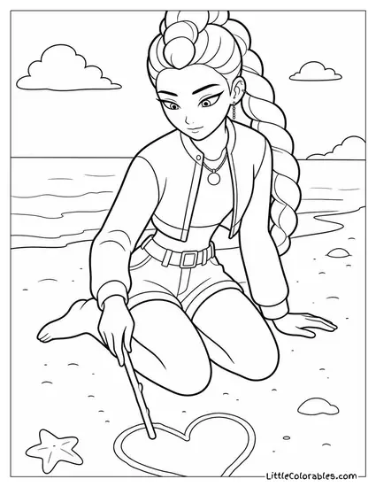 Rumi at the Beach Drawing Heart on the Sand Coloring Page