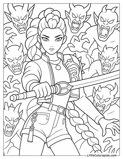 Rumi Gripping Her Saingeom Sword While Demons Chasing Her Coloring Page