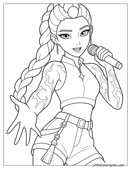 Rumi Mid-Performance with Magenta Demon Markings Glowing on Her Arms Coloring Page