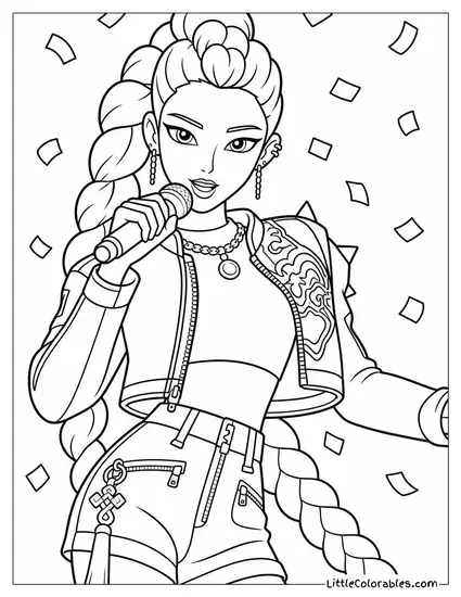 Rumi Rapping with Confetti Falling Around Her Coloring Page
