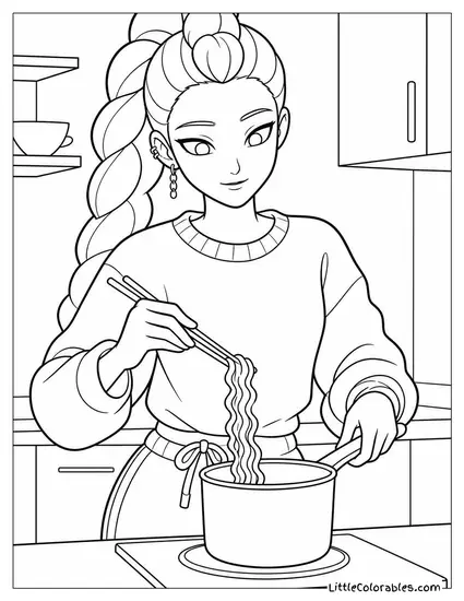 Rumi Wearing Sweater While Cooking Noodles Coloring Page
