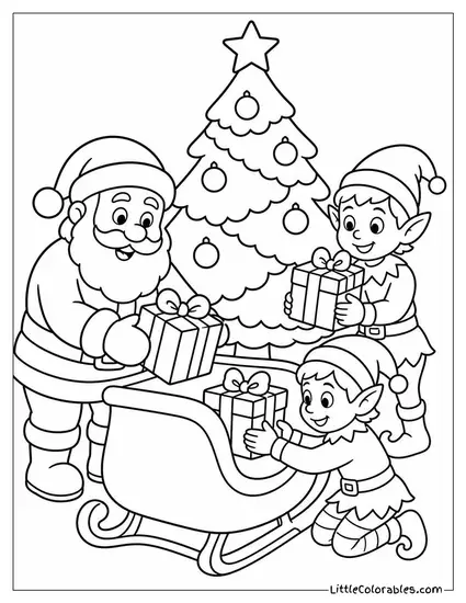 Santa and Elves Loading Gifts by the Tree Coloring Page