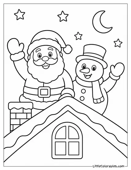 Santa and Snowman Waving from the Rooftop Coloring Page