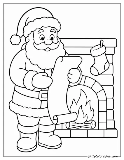 Santa Checking His List Beside the Fireplace Coloring Page