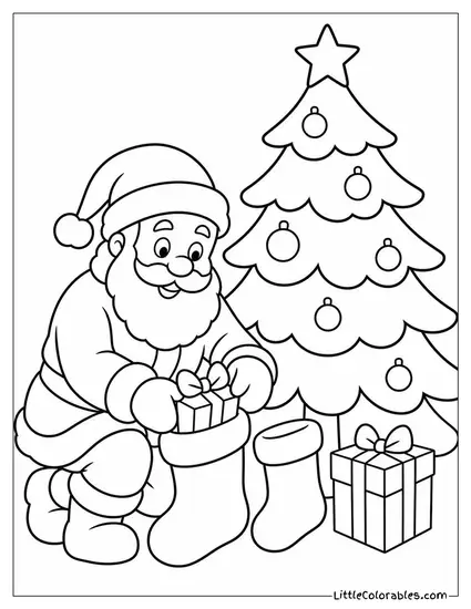 Santa Filling Stockings by the Christmas Tree Coloring Page