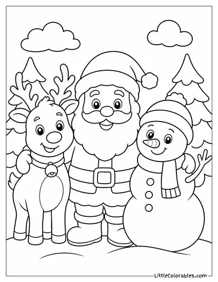 Santa Gingerbread Reindeer and Snowman Group Scene Coloring Page