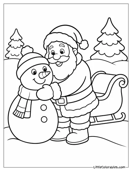 Santa Hugging a Snowman Beside the Sleigh Coloring Page