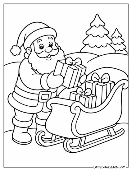 Santa Loading His Sleigh with Wrapped Presents Coloring Page