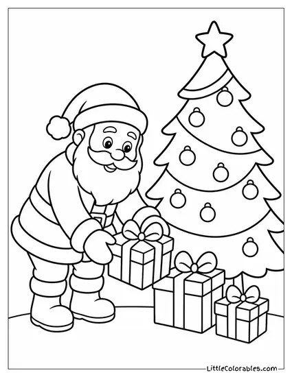 Santa Placing Gifts Under a Decorated Tree Coloring Page