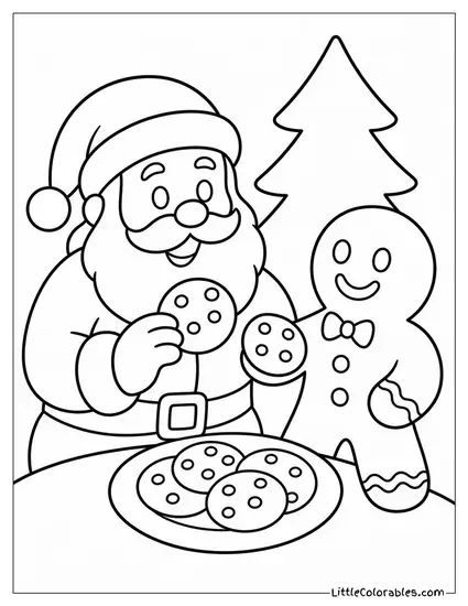 Santa Sharing Cookies with a Gingerbread Man Coloring Page