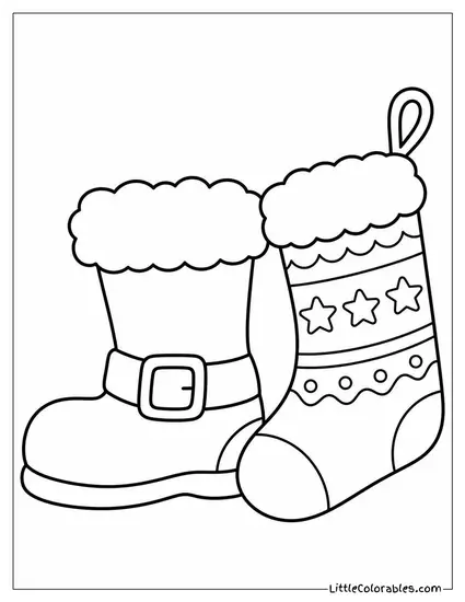 Santa's Boot Beside a Decorated Christmas Stocking Coloring Page