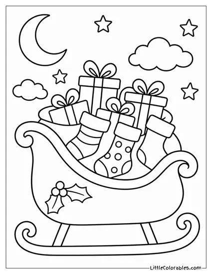 Santa's Sleigh Full of Stockings and Gifts Coloring Page