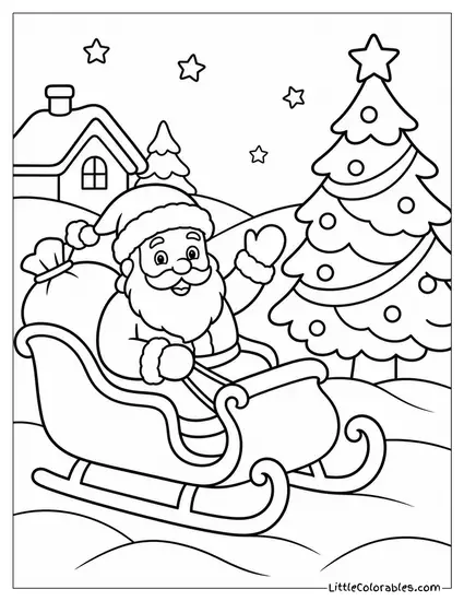 Santa's Sleigh Landing Near a Lit Christmas Tree Coloring Page