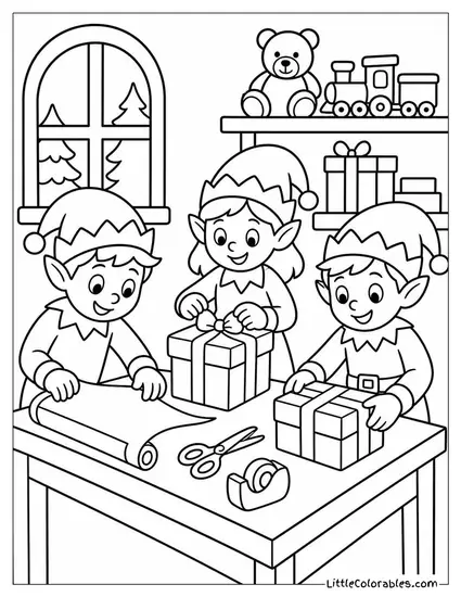 Santa's Workshop with Elves Wrapping Gifts Coloring Page