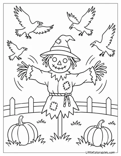 Scarecrow Arms Flapping Wildly While a Flock of Crows Swirl Overhead Coloring Page