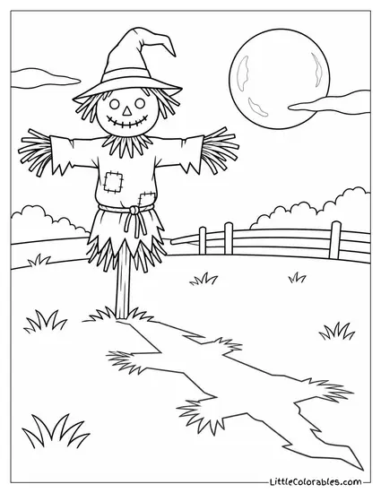 Scarecrow Casting a Long Crooked Shadow Across a Moonlit Field Coloring Page