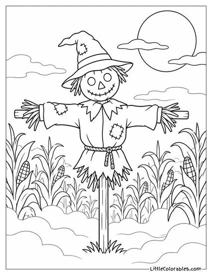 Scarecrow Creaking on Its Post as Fog Rolls Across a Moonlit Cornfield Coloring Page