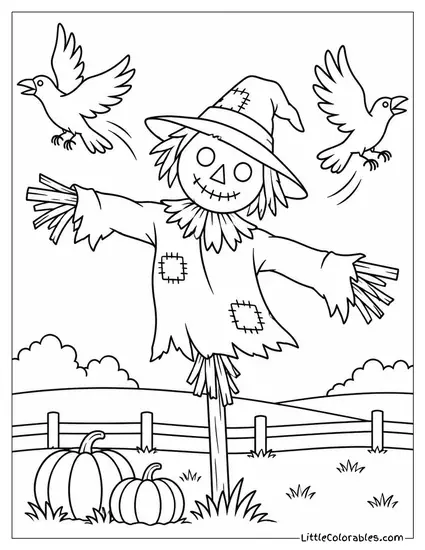 Scarecrow Flopping Loosely in the Wind as Crows Scatter Off Its Arms Coloring Page