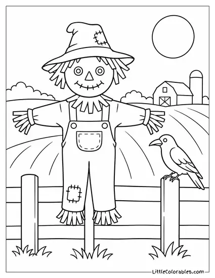 Scarecrow Guarding a Field as a Lone Crow Perches on the Fence Beside It Coloring Page