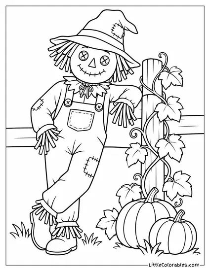 Scarecrow Leaning Against a Fence Post Tangled Thick with Autumn Vines Coloring Page