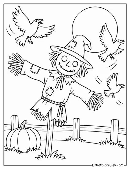 Scarecrow Leaning Crooked as Crows Scatter Off Its Straw Arms Coloring Page