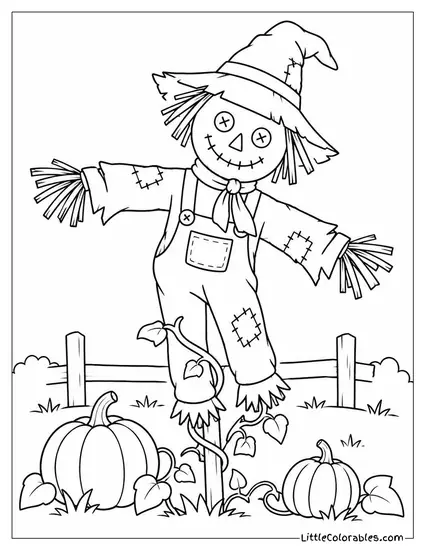 Scarecrow Leaning Crooked with Vines Creeping Up Its Straw Stuffed Legs Coloring Page