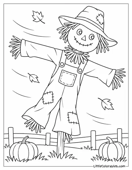 Scarecrow Leaning Sideways with Its Patched Overalls Flapping in a Strong Breeze Coloring Page