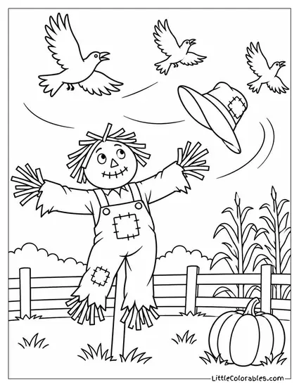 Scarecrow Losing Its Hat to a Gust as Crows Scatter Into the Sky Coloring Page