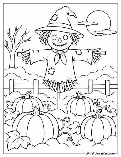 Scarecrow Perched Over a Pumpkin Patch as Fog Creeps Between the Vines Coloring Page