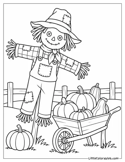 Scarecrow Propped Crookedly Beside a Wheelbarrow of Pumpkins and Dried Gourds Coloring Page