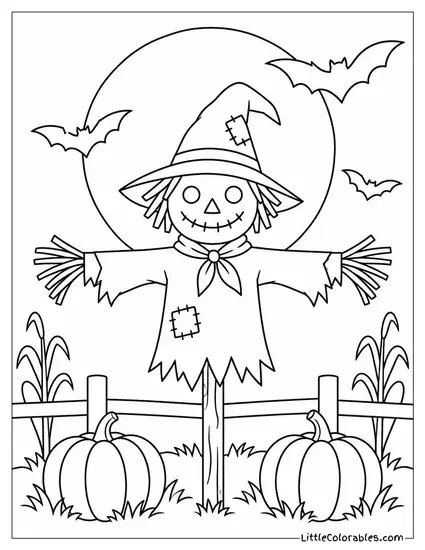 Scarecrow Silhouetted Against a Harvest Moon with Bats Streaking Overhead Coloring Page