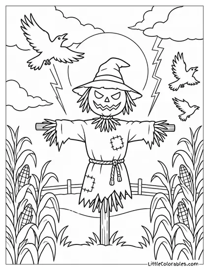 Scarecrow Silhouetted Against Lightning as Crows Flee a Cornfield Coloring Page