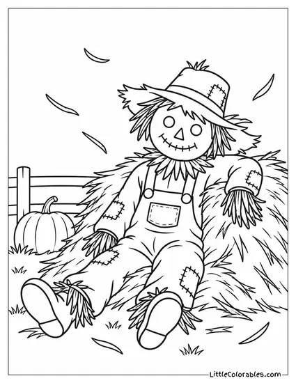Scarecrow Slouched in a Hay Pile with Straw Scattering in the Wind Coloring Page
