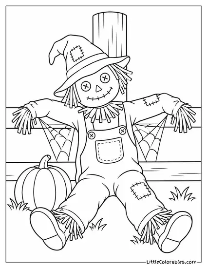 Scarecrow Slumped Against a Fence Post with Cobwebs Strung Between Its Arms Coloring Page