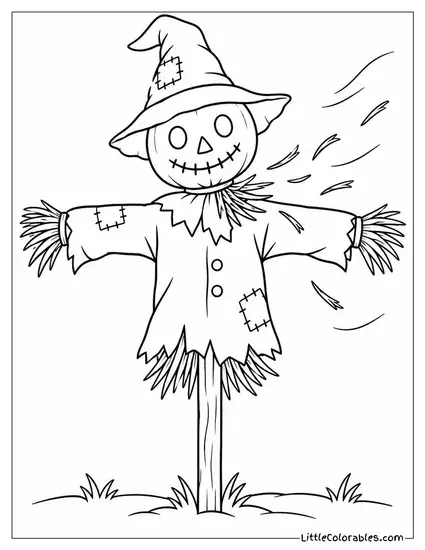 Scarecrow Standing Alone as a Gust Rips Straw Loose from Its Torn Collar Coloring Page