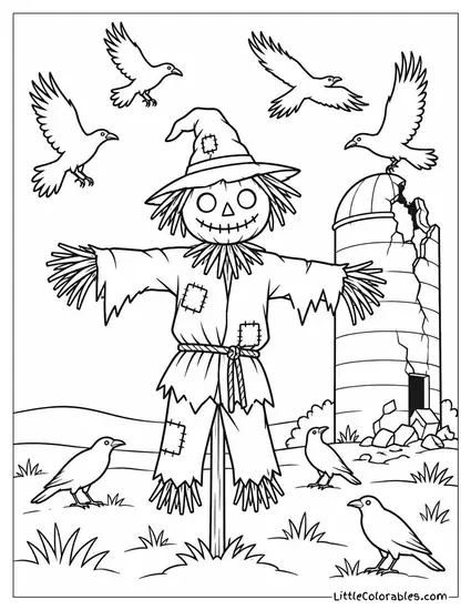 Scarecrow Standing Amid a Swarm of Crows Circling a Crumbling Silo Coloring Page