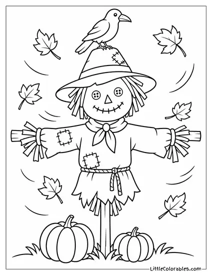Scarecrow Standing Amid Swirling Autumn Leaves with a Crow Perched on Its Hat Coloring Page