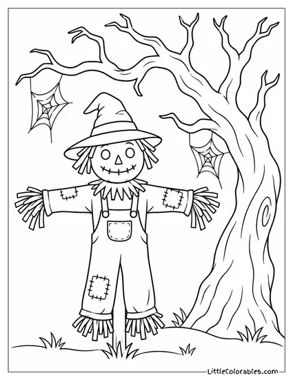 Scarecrow Standing Beneath a Gnarled Dead Tree Hung with Dangling Cobwebs Coloring Page