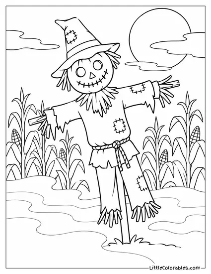 Scarecrow Standing Crooked as Fog Rolls Across a Moonlit Cornfield Coloring Page