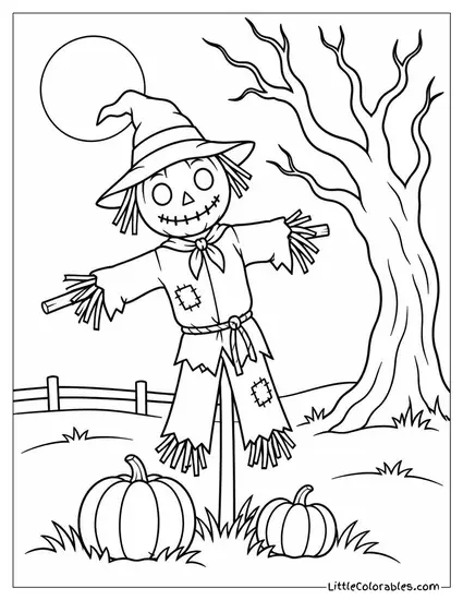 Scarecrow Standing Crooked in a Field with a Spooky Tree Looming Beside It Coloring Page