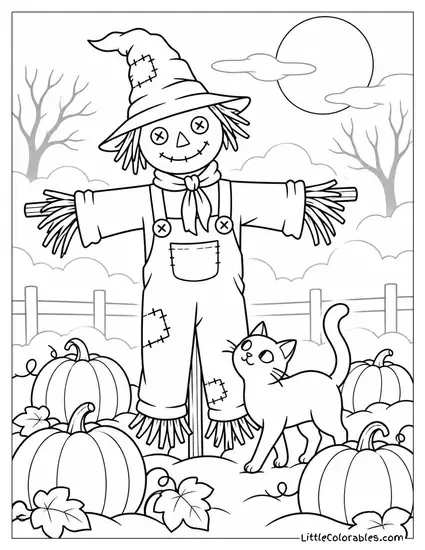 Scarecrow Standing in a Foggy Pumpkin Patch with a Black Cat Weaving Nearby Coloring Page