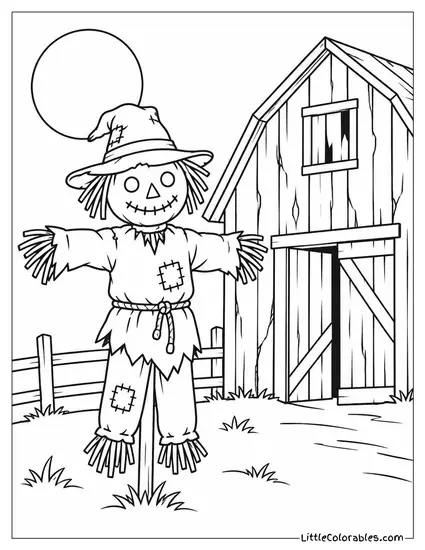 Scarecrow Standing Watch Beside a Rickety Barn with Cracked Wooden Boards Coloring Page