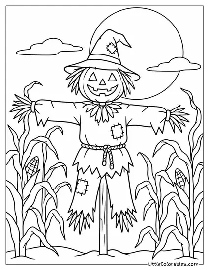 Scarecrow Surrounded by Twisted Cornstalks with a Full Moon Glowing Behind It Coloring Page