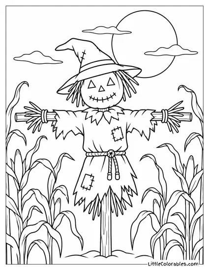 Scarecrow Surrounded by Twisting Cornstalk Shadows Under a Dim Harvest Moon Coloring Page