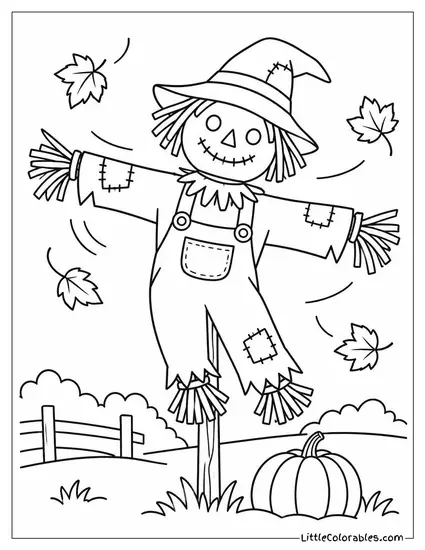 Scarecrow Swaying on Its Post as a Gust Sends Leaves Spiraling Around Coloring Page